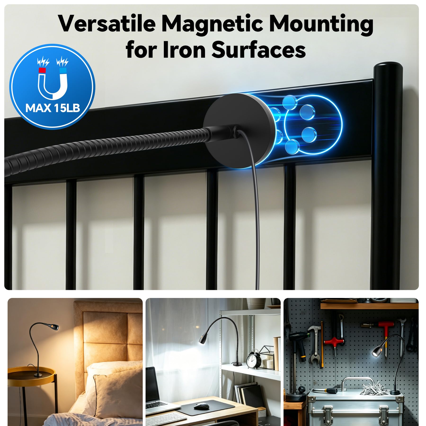acegoo Magnetische Leselampe, Vollmetall Bett Lampe mit Flexible für Nachttisch und Buch Dimmbar, praktischer Schalter am Lampenkopf, 3000K/Amber LED CRI 90 (Schwarz)