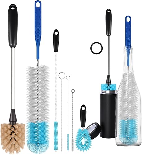 Juego de 7 cepillos de limpieza de botellas de agua de mango largo de acero inoxidable para limpiar botellas de cerveza de cuello estrecho, tazas,