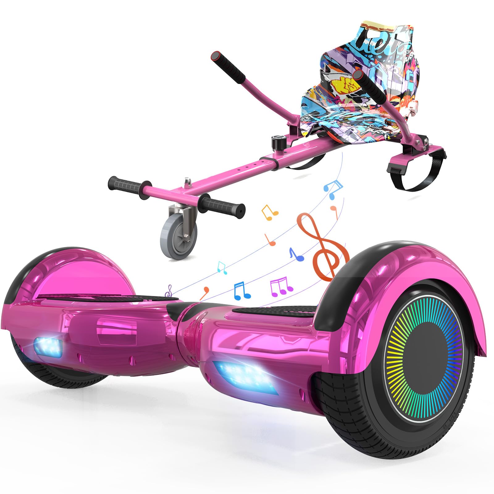 Hoverboards für Kinder, 6.5 Zoll Zweirad Selbstbalancierendes Hoverboards mit Go-Kart, mit LED-Leuchten, Bluetooth Lautsprecher für Jugendliche