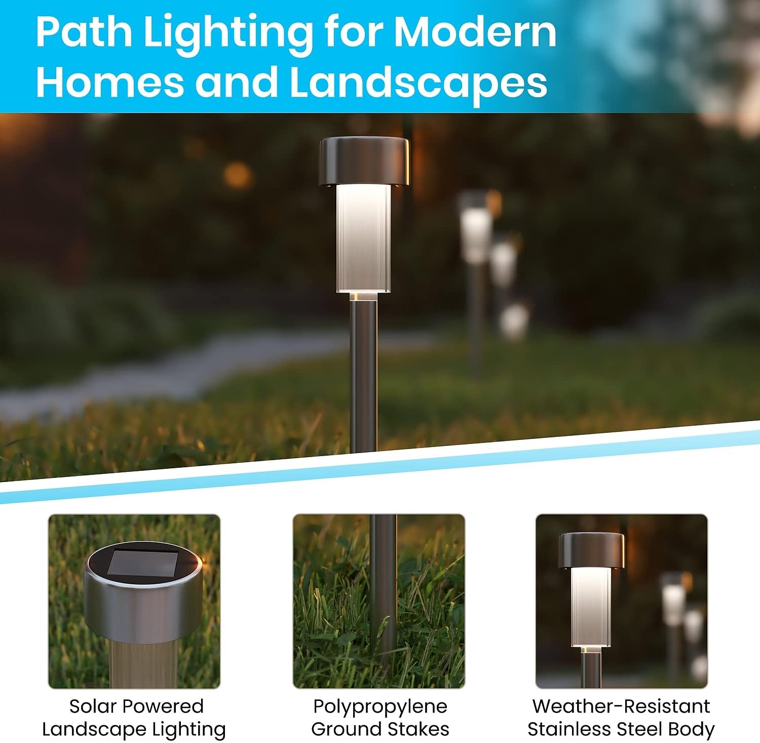 Flash Furniture Hartford 12 Pack LED Solar Lights - All-Weather Stainless Steel Outdoor Solar Powered Lights - Landscape Lighting for Pathway, Garden, & Yard