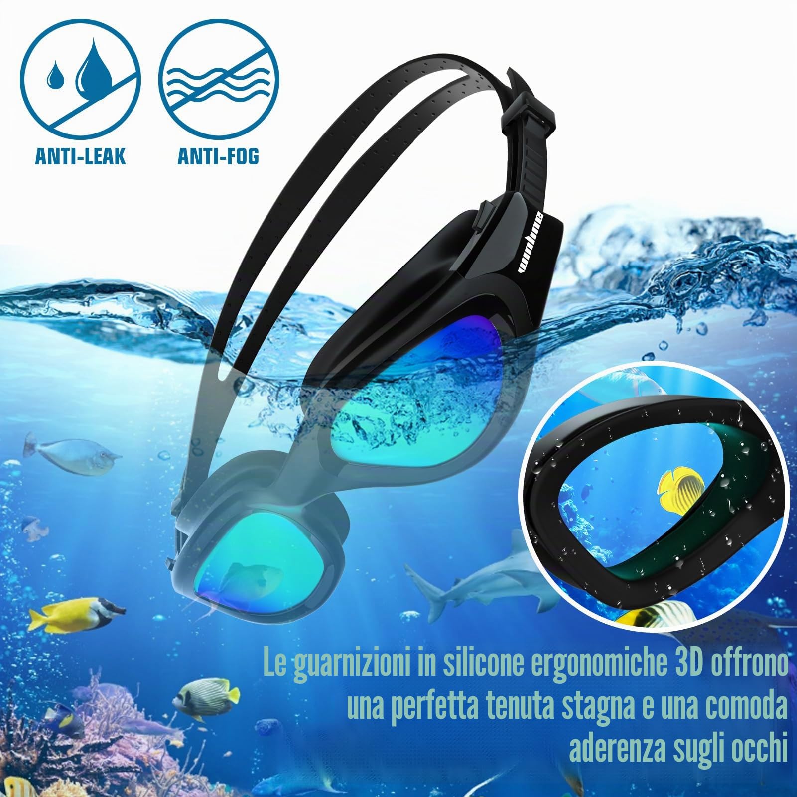 Winline Occhialini da Nuoto Polarizzati, Anti-appannamento Anti-perdite con Protezione UV Visione chiara Facile da regolare Con Ponte Nasale Morbido per Uomo Donna Adulti e Adolescenti