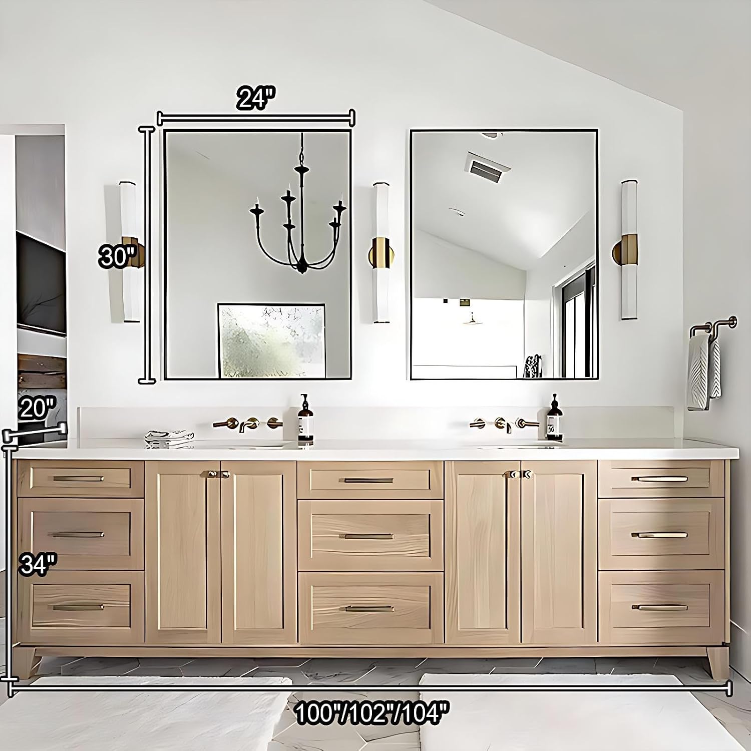 104IN Double Sink Bathroom Vanity - Solid Wood Bathroom Vanity with Sink, Includes Smart Defog Mirror, Floor Standing Sink Cabinet with Multifunctional Storage, No Assembly Required, Wood