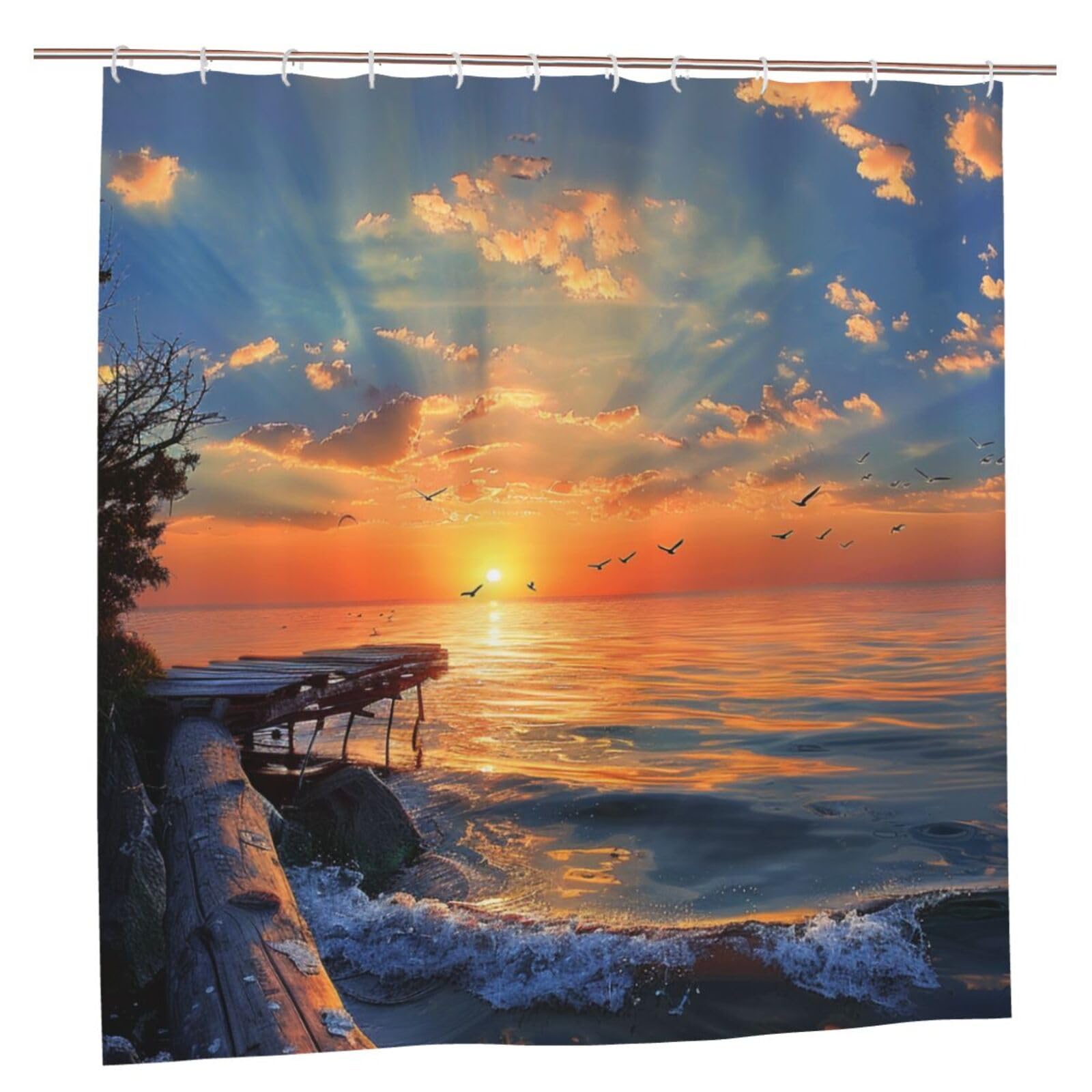 BWWHCCTI Sunset scenery Printed Shower Curtain With 12 Plastic Hooks Opaque Quick Drying Waterproof Shower Curtains Sets For Bathroom 183x183 CM