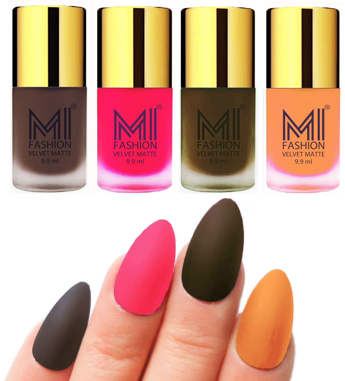 MI FASHION Velvet Matte Nail Polish Packs Pigmented With High Ingredients 9.9ml Coffee, Neon Pink, Olive Brown, Saffron Orange (Pack Of-4)-image-22