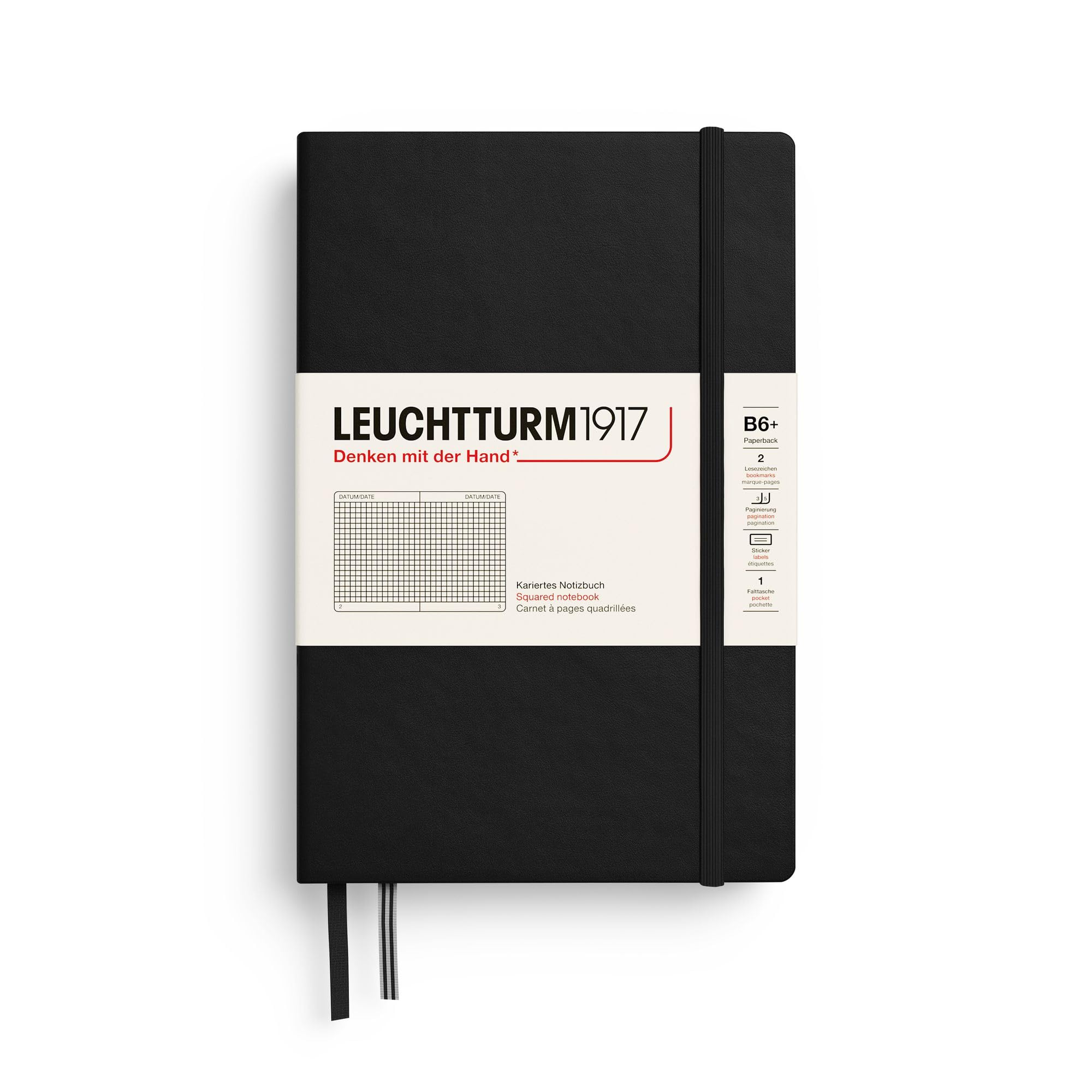 Notebook Hardcover Paperback B6+ - 219 Numbered Pages for Writing and Journaling (Black, Squared)