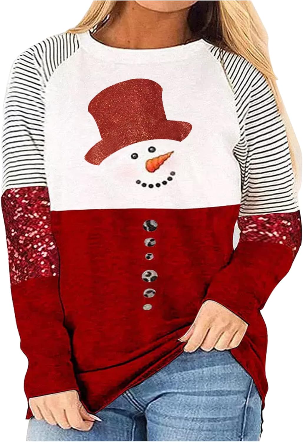 LANMERTREE Plus-Size Christmas Snowman Striped Leopard Tops for Women Color Block Casual Long Sleeve Striped Pullover