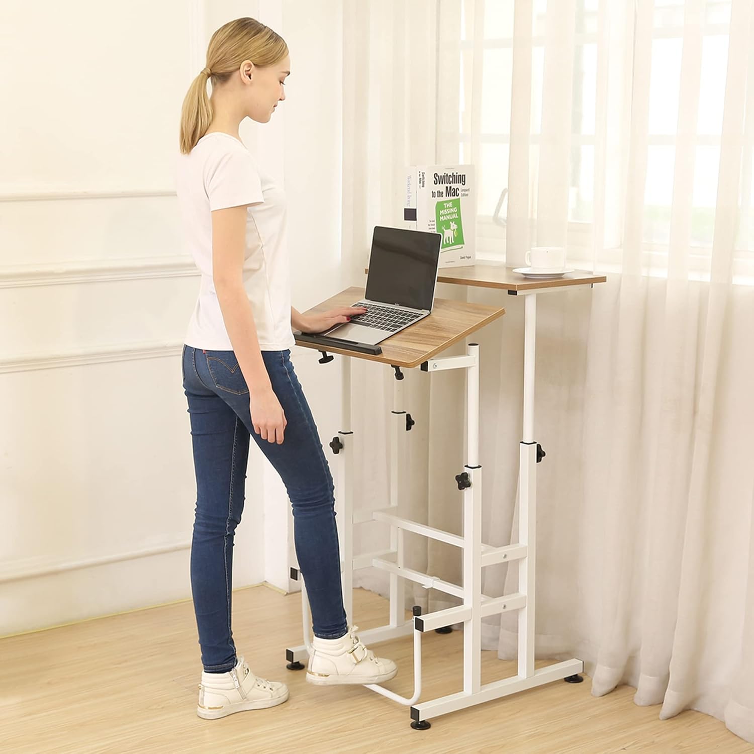 SDADI L101XWFDT Adjustable-Height Steel-Framed Mobile Standing Office Computer Desk with 2 Tiers and Lockable Caster Wheels, Dark Grain