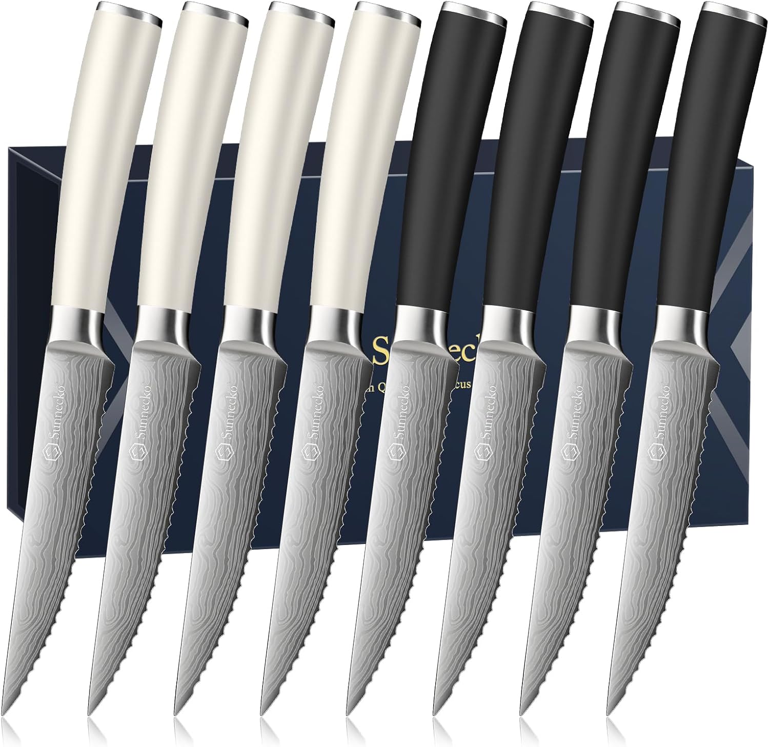 Sunnecko Steak Knives Set of 6,Premium Stainless Steel Serrated Steak Knife Set,Pakkawood Handle 4.5 Inch Kitchen Steak Knife with Gift Box