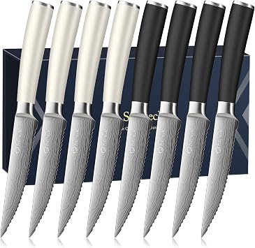 Sunnecko Steak Knives Set of 8,Premium Stainless Steel Serrated Steak Knives Set,Pakkawood Handle 4.5 Inch Kitchen Steak Knife with Gift BoxWhite/Black Handle