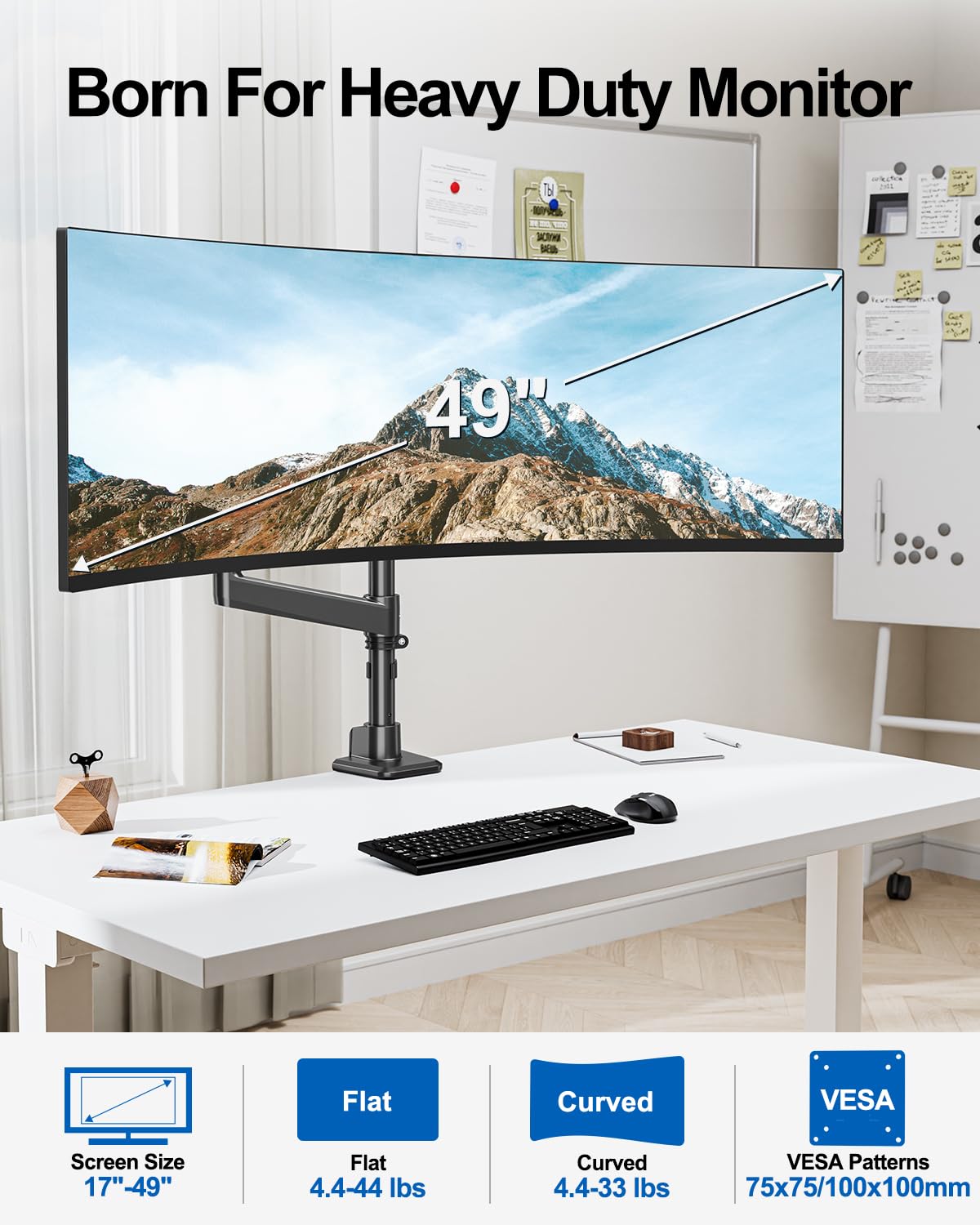 Support de moniteur simple et robuste pour écran ultra large de 49" max de 4,4 à 20 kg, bras de moniteur de qualité supérieure pour Samsung Odyssey G9 et plus encore, support de bureau