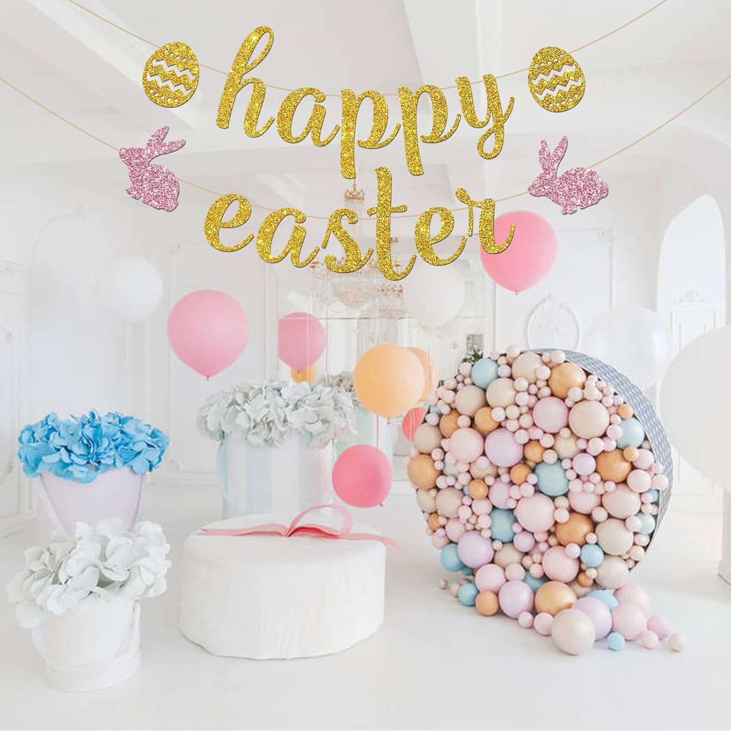 INNORU Happy Easter Banner, Easter Bunny Party Hanging Bunting, Spring Party Easter Decorations Supplies Banner, Gold Glitter