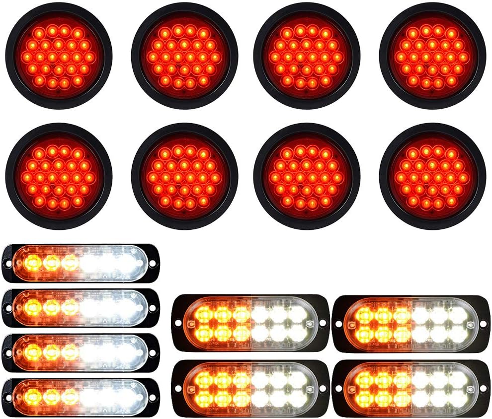 Astra Depot 4X 6-LED 4pcs 12-LED White Amber Flashing Warning Emergency Caution Strobe Light Bars and 8X 24-LED Round RED STROBE Tail Brake Stop Running Light Grommet Plug