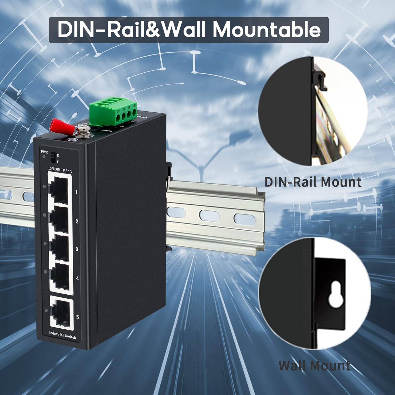 【Upgrade】 SODOLA 5 Port Industrial DIN-Rail Ethernet Switch,4 Ports and 1 Uplink, 10/100Mbps Fast Ethernet, DIN-Rail & Wall Mount Included,IP30 Industrial Switch