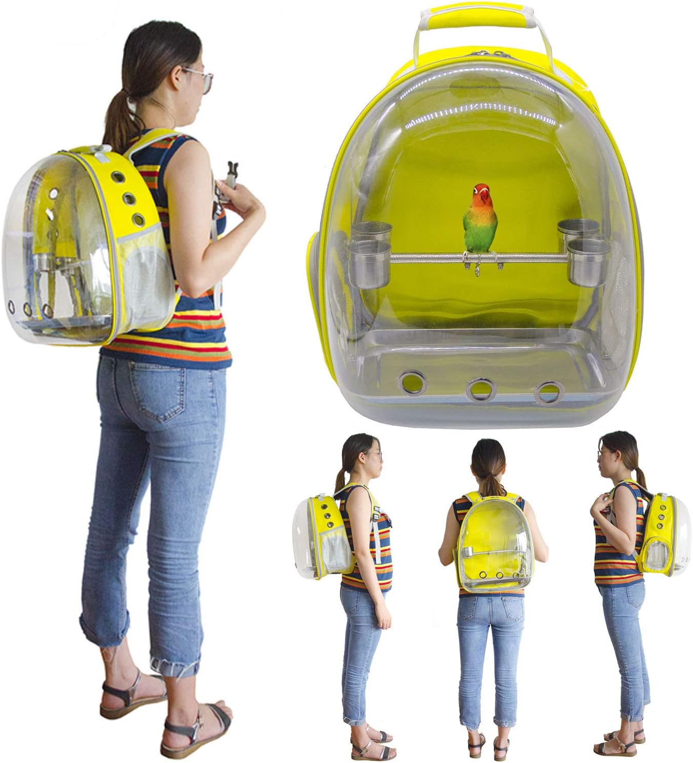 Parrot Bird Carrier Space Capsule -Transparent Breathable 360° Sightseeing Outdoor Bird Travel Bag Backpack with Stainless Steel Bird Stand perches (Yellow)