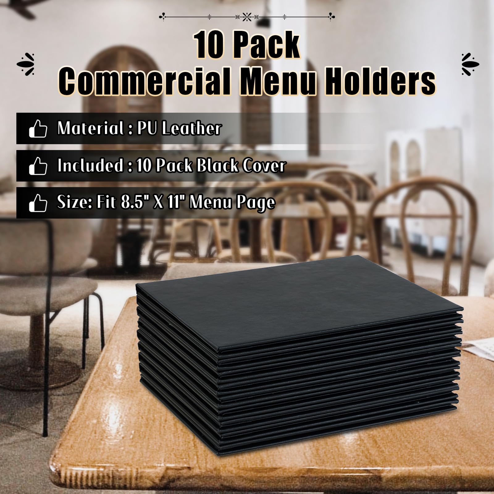 Lot de 10 protège-menus de restaurant 21,6 x 27,9 cm | Lot de 10 couvertures de menu en cuir synthétique 4 vues style livre avec coins inclinés pour carte de vin (10, 4 vues (21,6 x 27,9 cm)