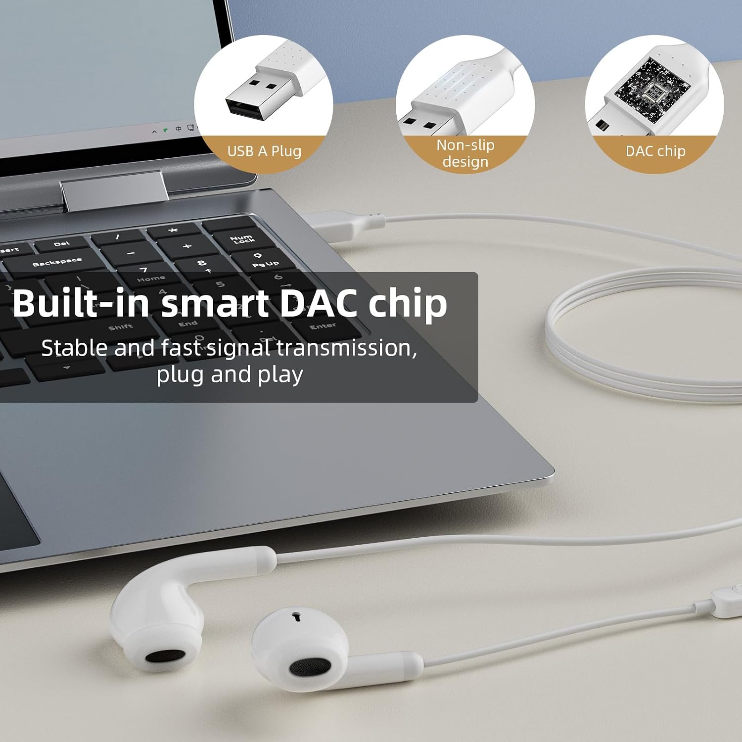 USB Earbuds with Microphone for PC Laptop Computer, 7.5FT White image 3