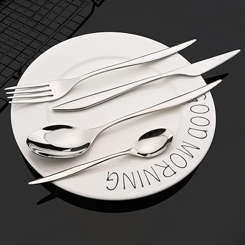 Miniatura 9 de JASHII Juego de cubiertos de acero inoxidable 304, juego de cubiertos plateados, 24 piezas, diseño moderno, regalo de inauguración de la casa,