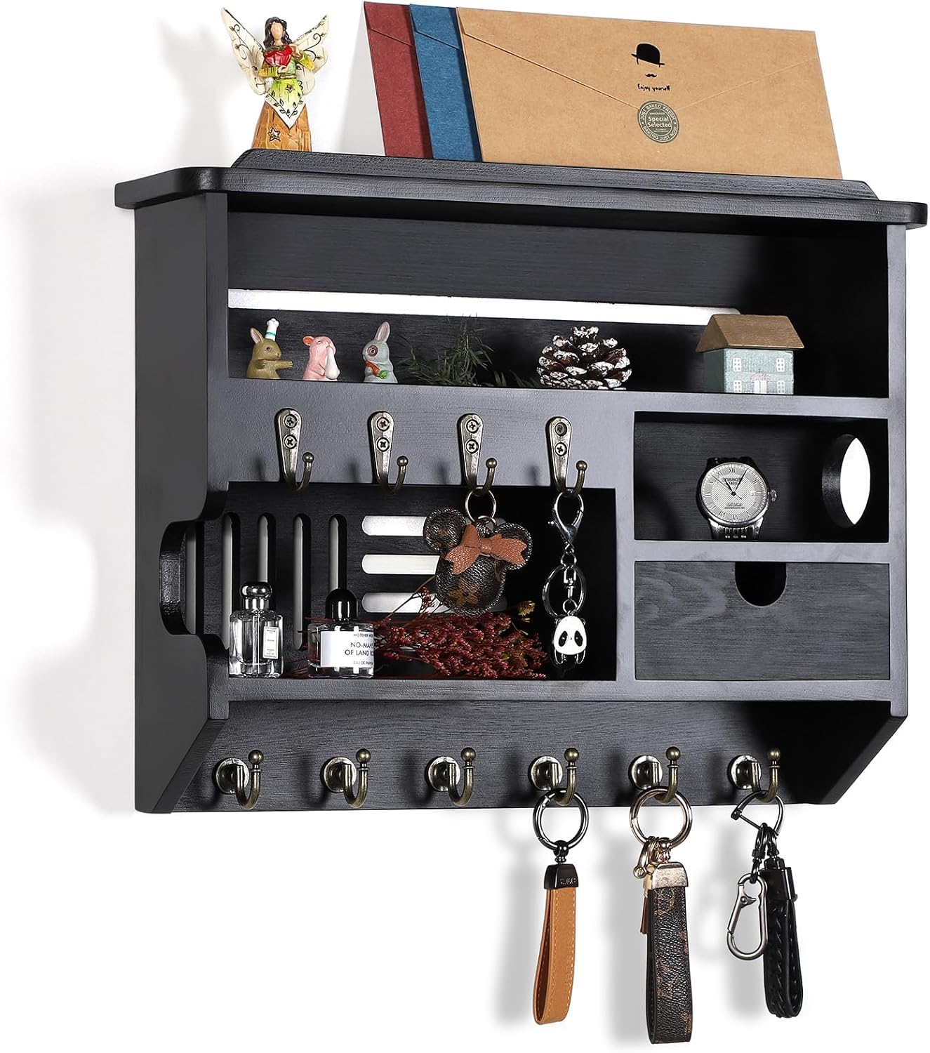 Key Holder for Wall, Key Holder Wall Mount, Mail Organizer Wall Mount with Storage Drawer, Black