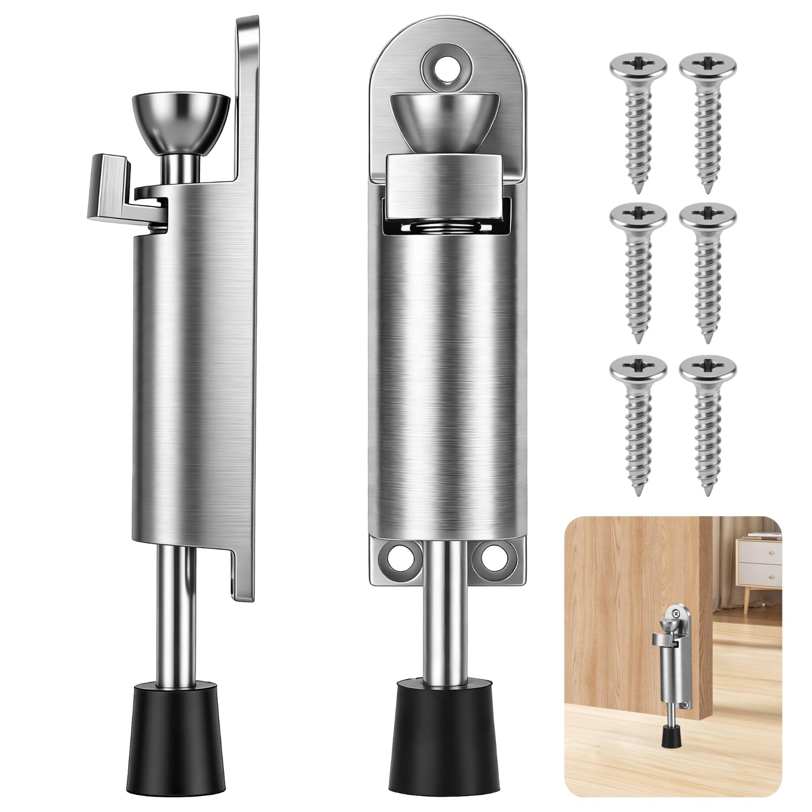 Skdqiee 2 Pcs Kick Down Door Stop, Metal Foot Operated Door Stopper, Spring Loaded Door Stop with Non-Slip Rubber Tip for Rooms, Front Doors, Patios, Garages, Offices
