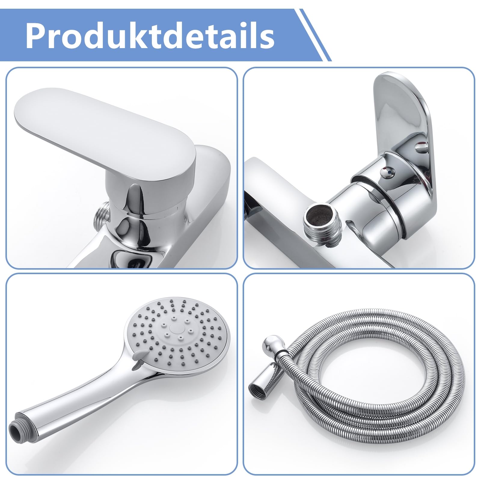 Duscharmatur Einhebelmischer mit Handbrause und Schlauch, Chrom | Mischbatterie Dusche Set, 3 Strahlarten Duschbrause, 1.5m Schlauch, Aufputz Wandmontage