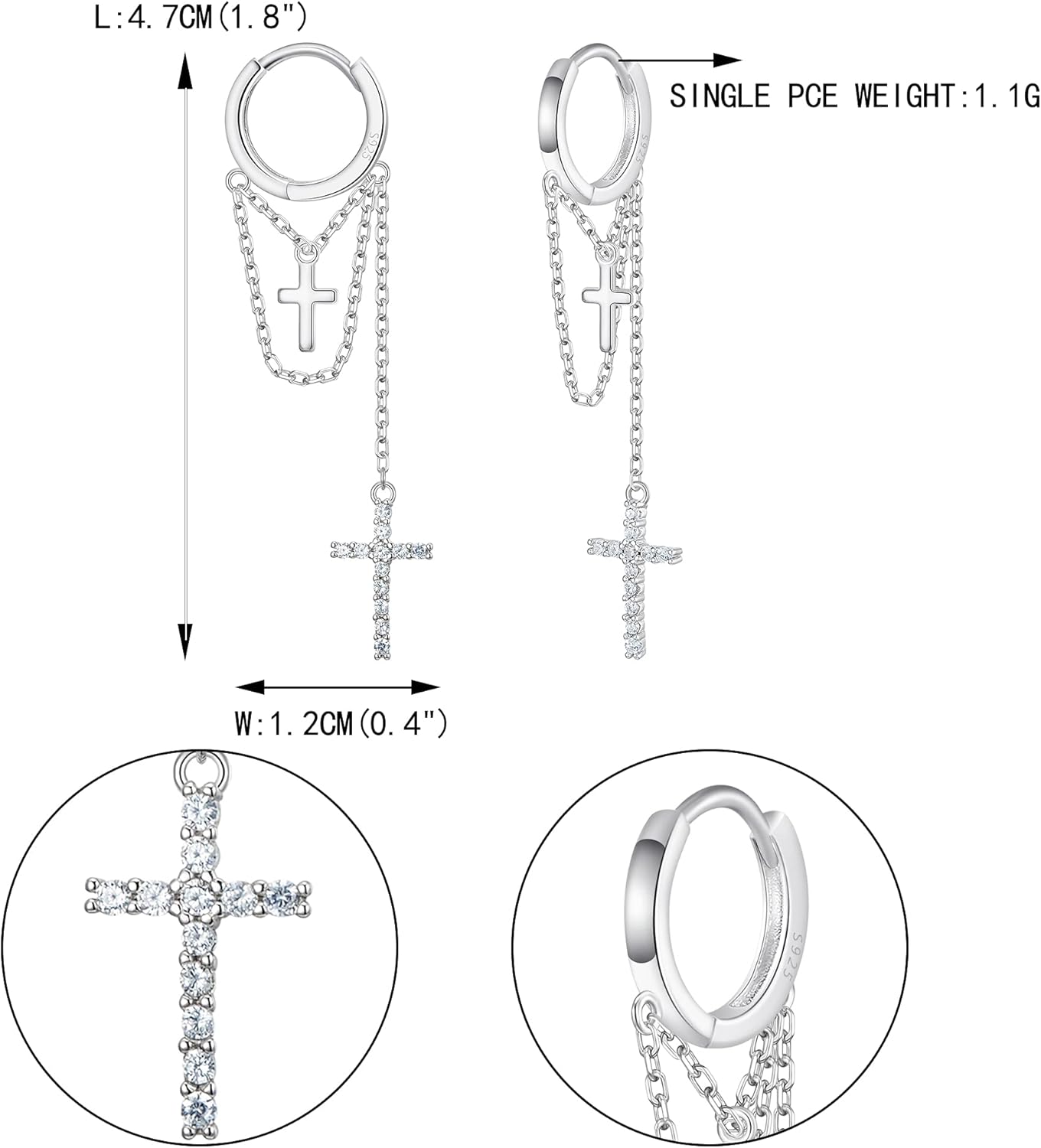 EVER FAITH Tassel Long Chain Earrings, 925 Sterling Silver White CZ Double Cross Dangle Hoop Earrings for Women