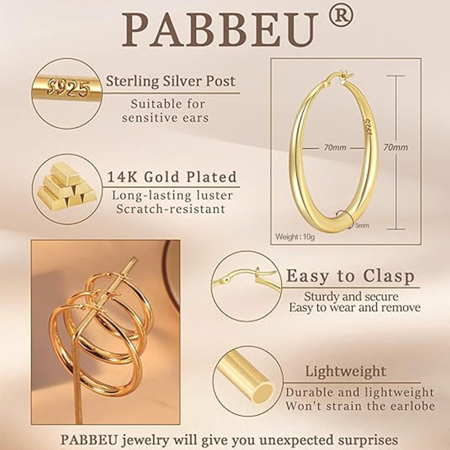 PABBEU S925 Sterling Silver Hoop Earrings Large Silver Hoop Earrings for Women Hypoallergenic Lightweight Big Thick Silver Hoop Earrings for Women Girls 35/40/50/60/70mm - Image 2