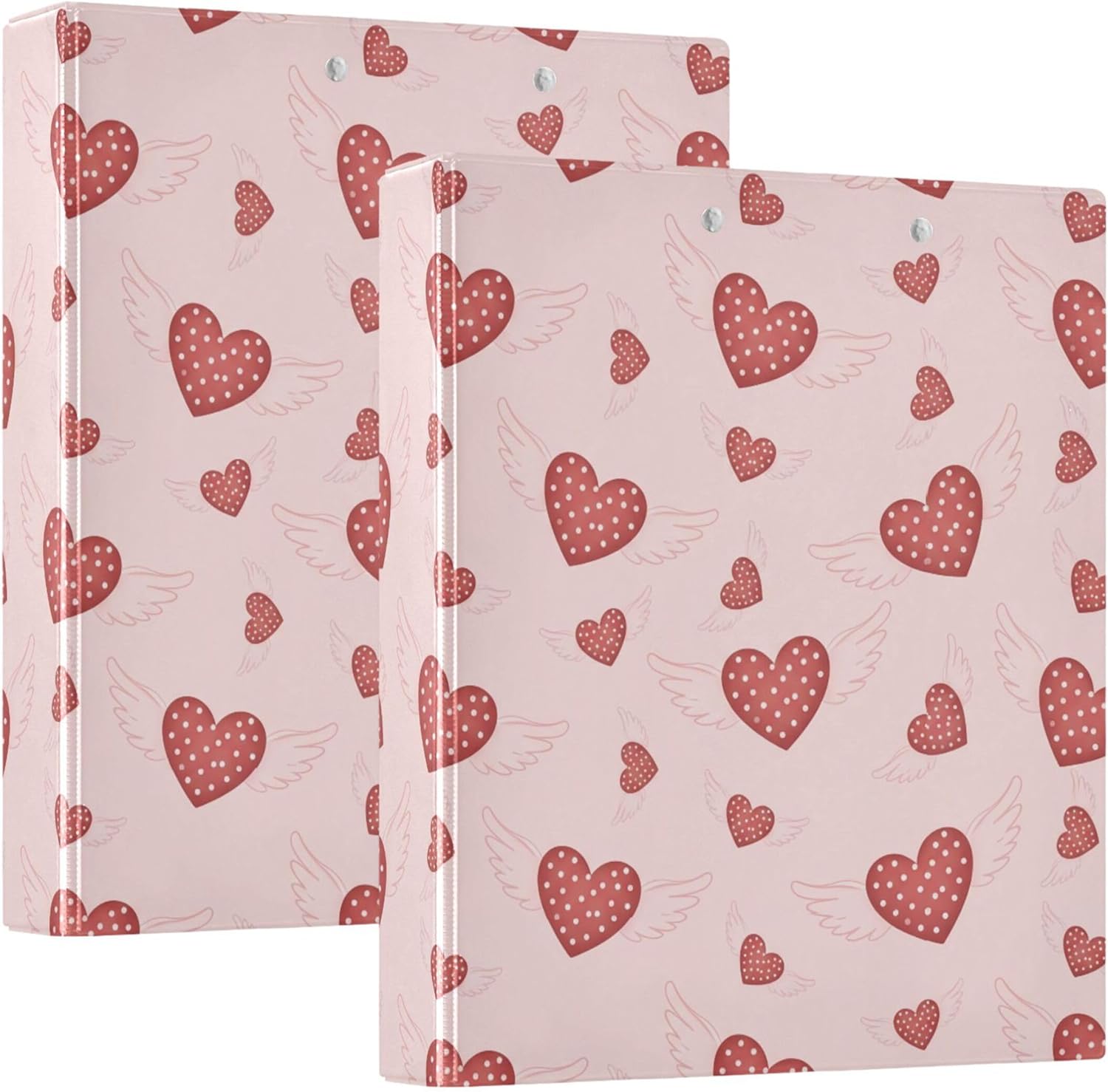 Valentine's Day Red Hearts 3 Ring Binders, 1.5” Round Ring Binders with Clipboard - Letter Size, 3 Interior PVC Clear Pockets & Anti-Slip Clip for Office School Supplies, 2PCS