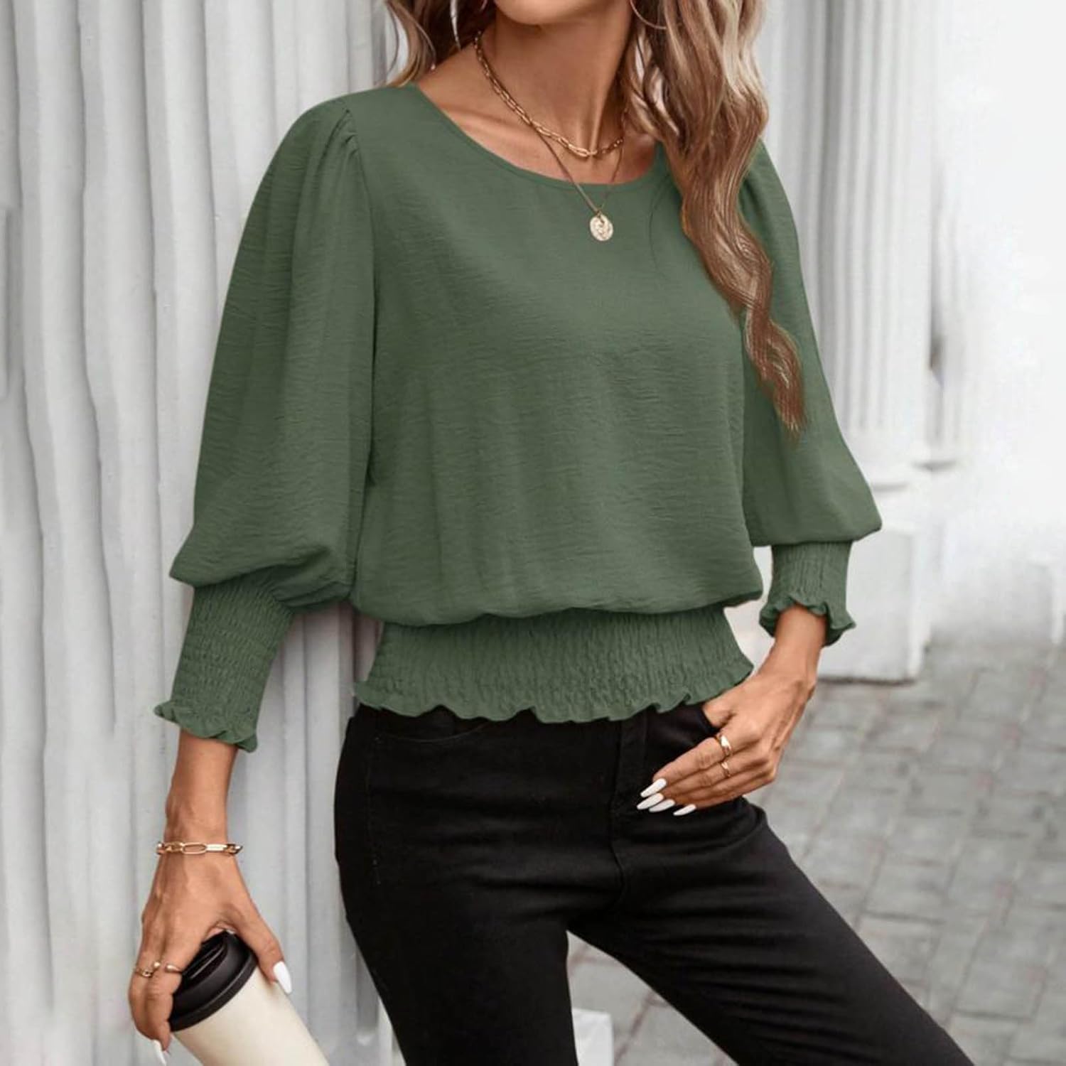 Banded Bottom Tops for Women Smocked Tops Elastic Cinched Waist Top Dressy Blouse Long Sleeve Casual Outfits Clothes - Image 2