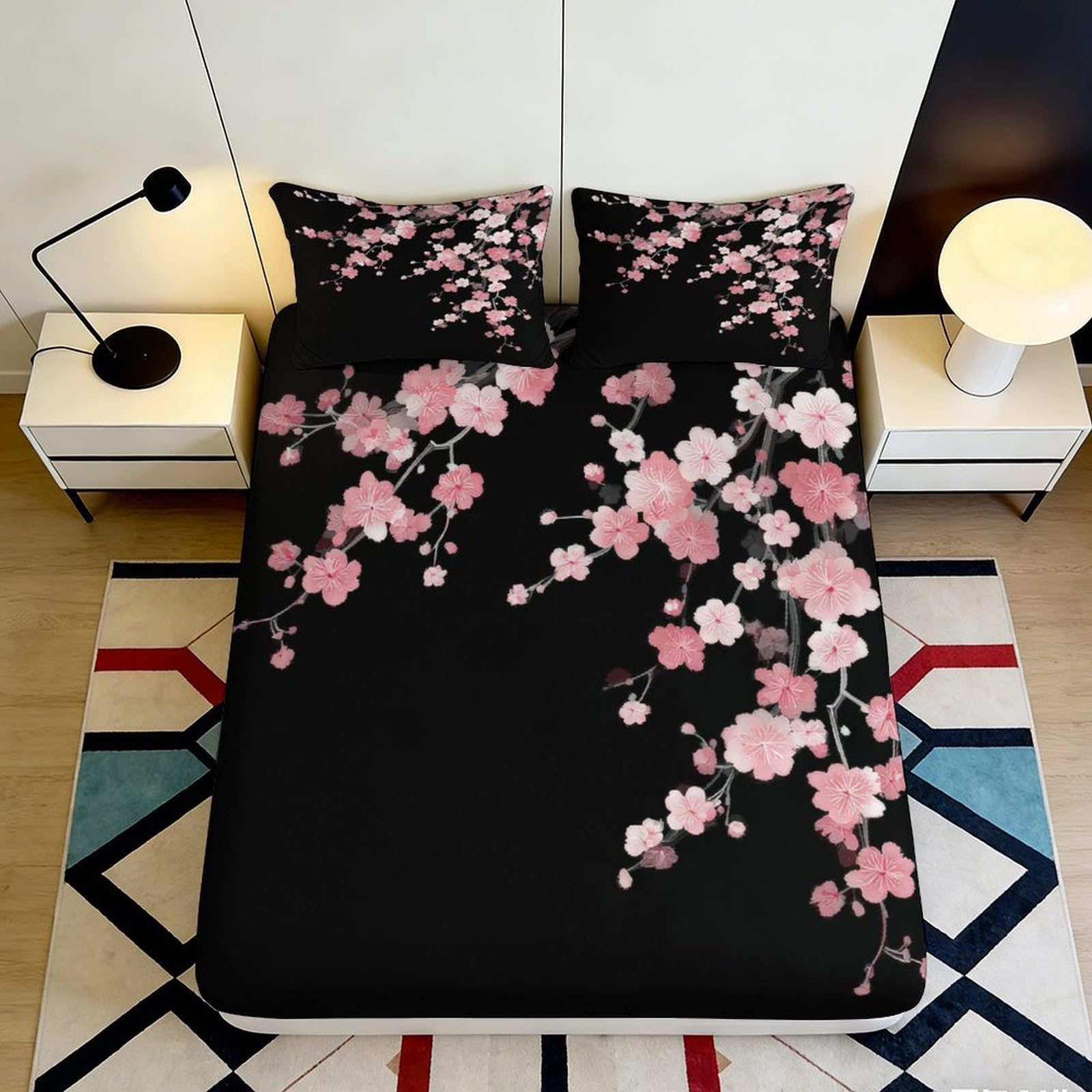 3D Printed Sakura Blossom Fitted Sheet Microfiber Pink Floral Mattress Cover for Bedroom Guest Room Decor 90x200x25cm