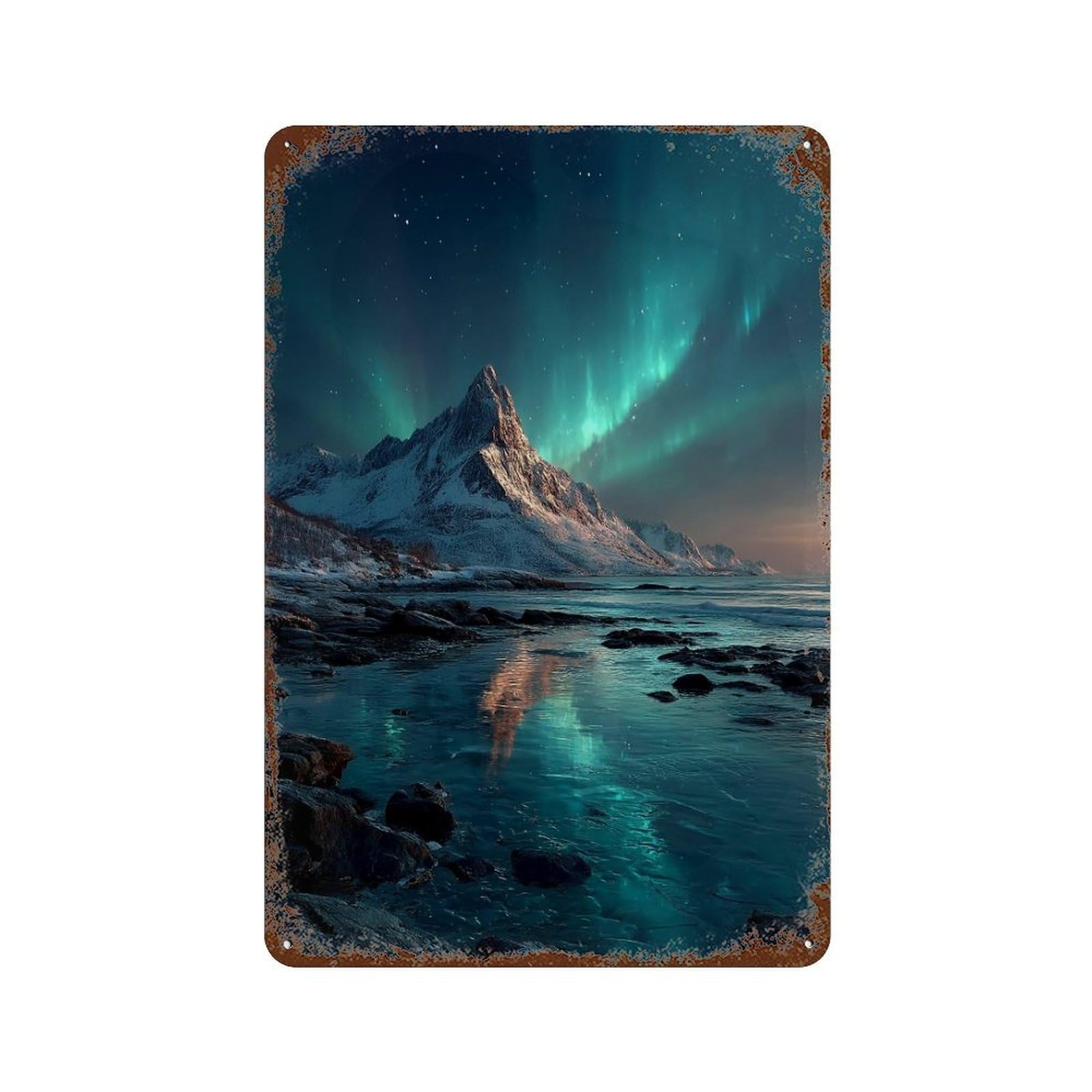 Weathered Tin Sign with Aurora Borealis Over Snowy Mountains Design 11.8"x7.9", for Office, Studio And Wall Decor, Retro Wall Decor