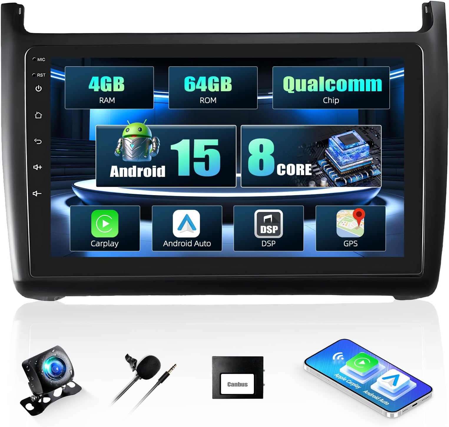 CAMECHO Android 15 Qualcomm 8-Core 4+64G 9 Inch Car Radio for VW Polo 6R 6C 9N 2008-2016 with Reversing Camera, DSP Bluetooth IPS Touchscreen Radio with Wireless Carplay Android Car GPS WiFi FM/RDS