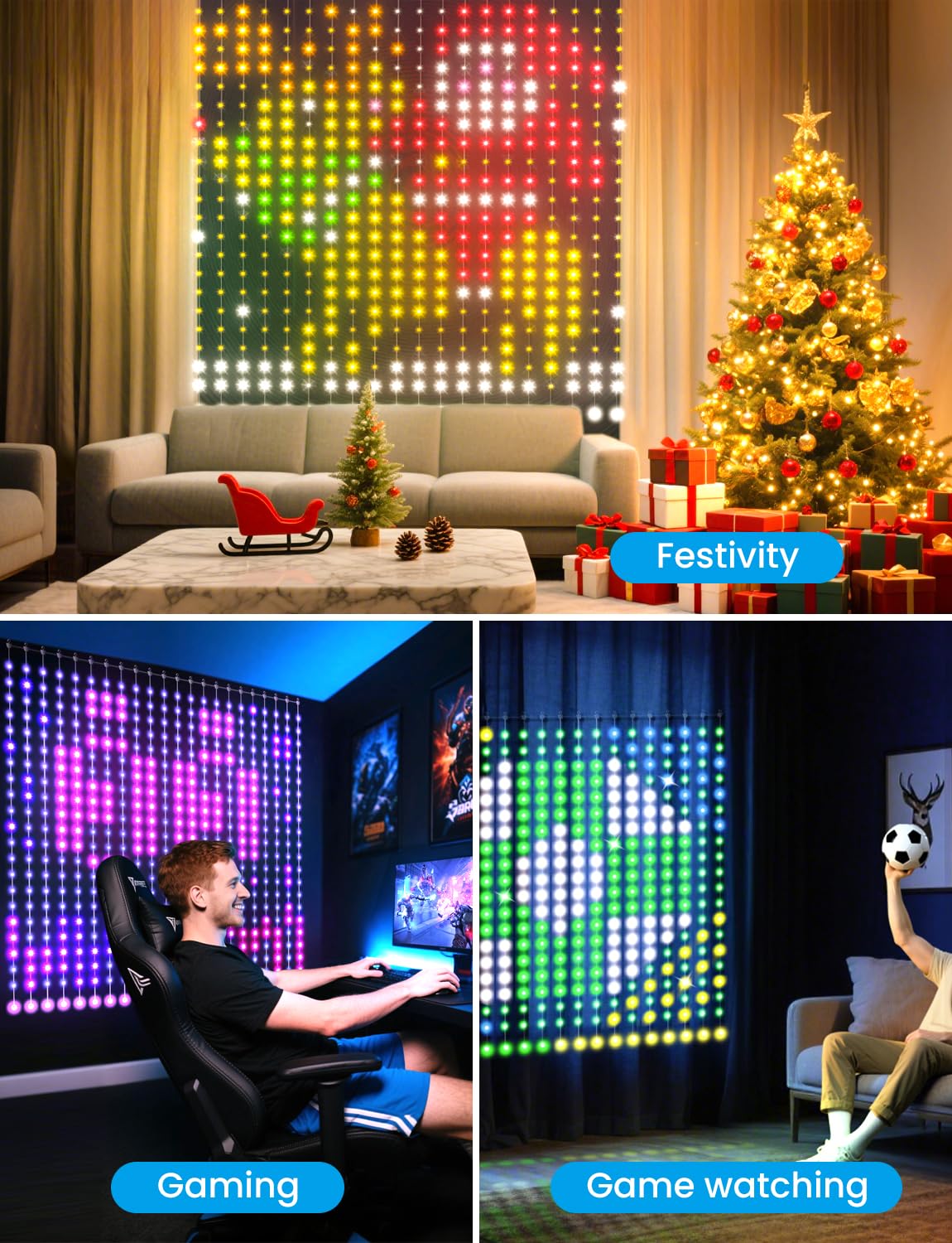 Smarte LED-Vorhang-Lichter, 400 LEDs, RGB+IC, Farbwechsel-Wandleuchten, 2 x 2 m, dynamisches DIY-Muster, LED-Lichterkette, APP-Fernbedienung, für Schlafzimmer, Wohnzimmer, Fensterdekoration, Party