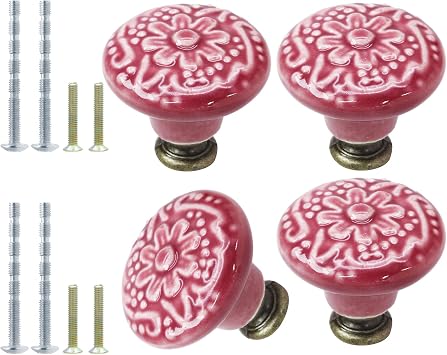 16pcs Rose Red Ceramic Knobs, Vintage Kitchen Cabinet Knobs
