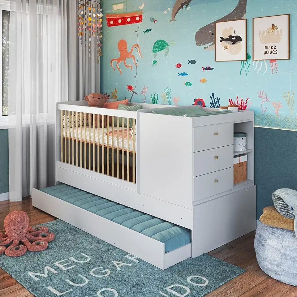 Berço Cama Multifuncional Completo com Cama Auxiliar Trocador 3 em 1 Branco