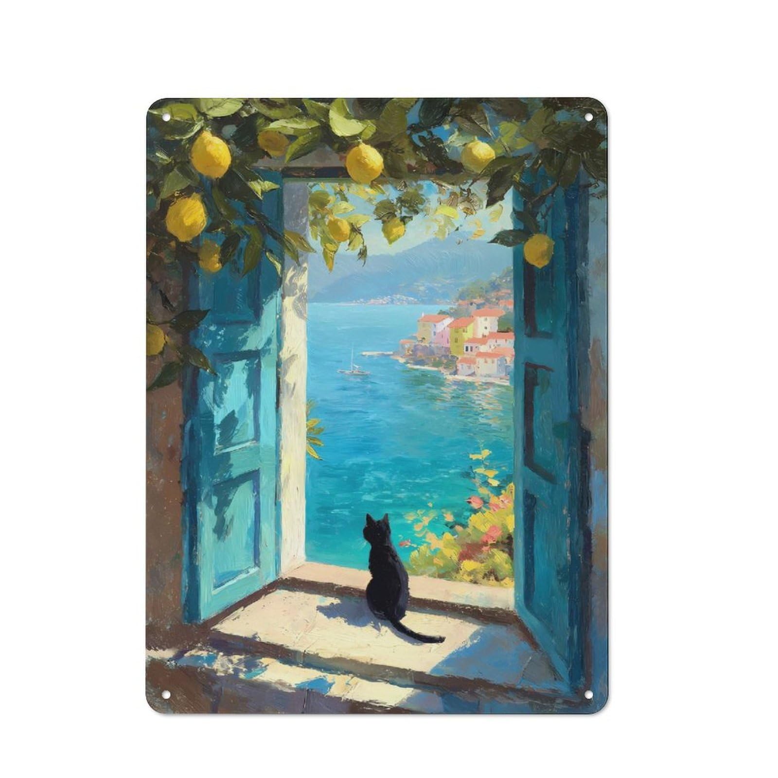 Industrial Metal Sign with Black Cat Gazes at Mediterranean Coast Design 40x30cm, Modern Retro Loft Wall Plaque for Workspace, Cafe, Hallway Or Garage