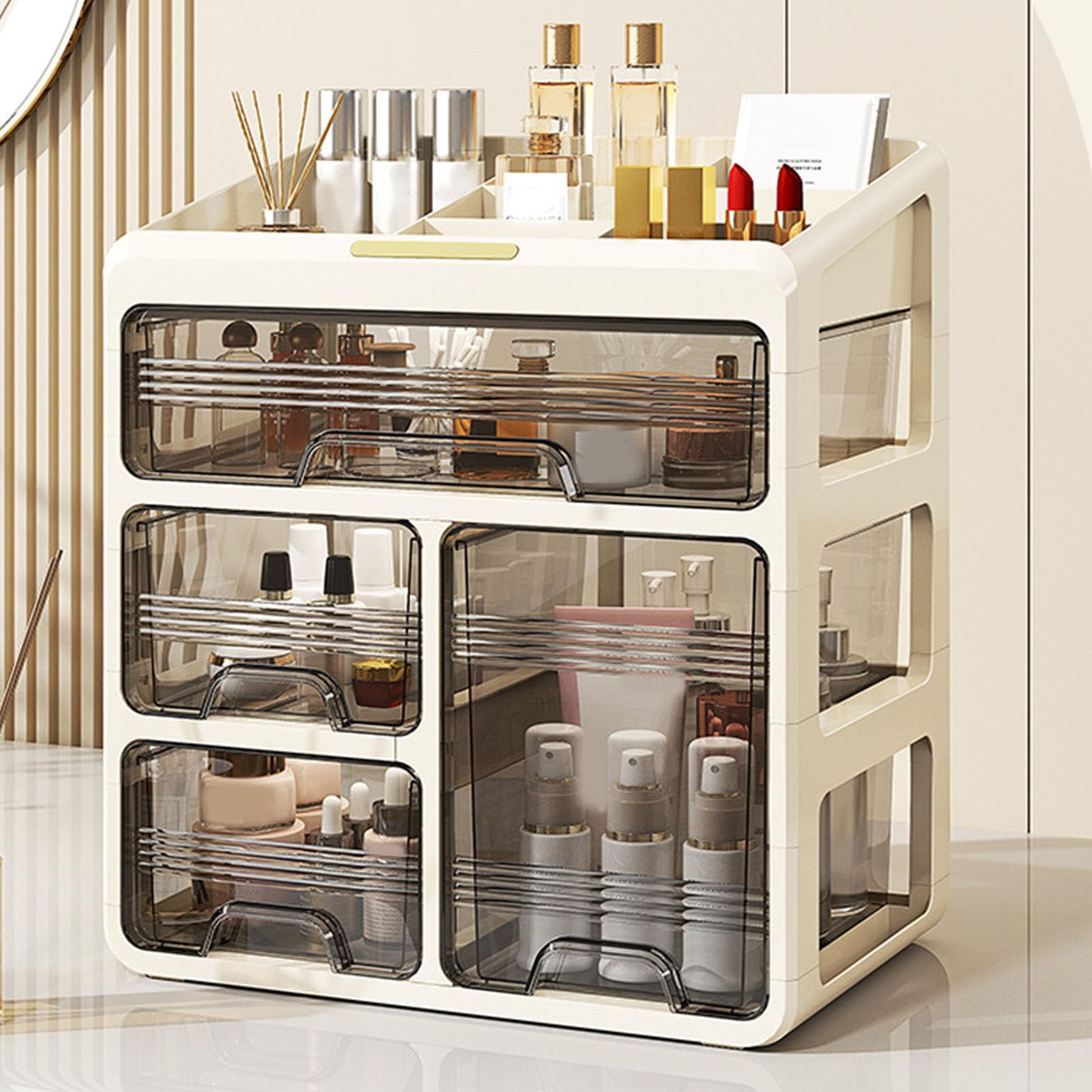 Organisateur de Maquillage, Présentoir de Cosmétiques Robuste à Plusieurs Compartiments pour vanité de Salle de Bain, Boîte de Rangement en Plastique pour Support de Soins de la Peau (Blanc