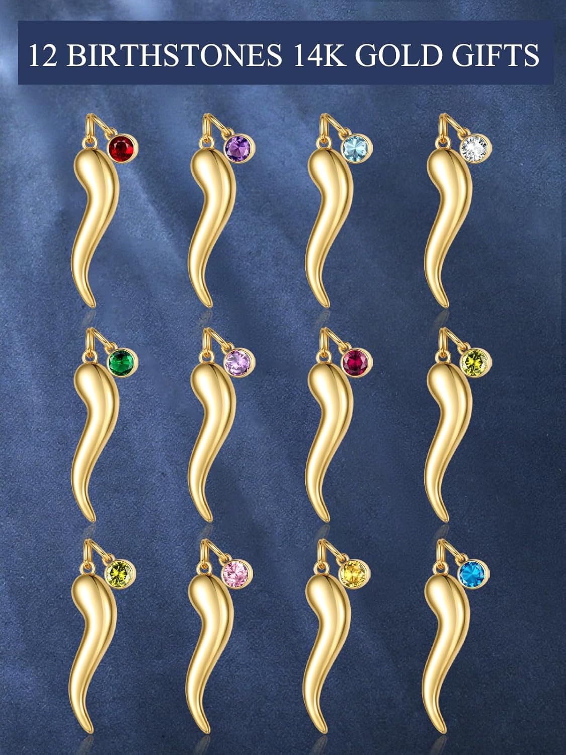 Italian Horn Necklace for Women, 14K Gold Cornicello Jewelry with Birthstone Pendant, Good Luck Talisman Protection Gifts for Her