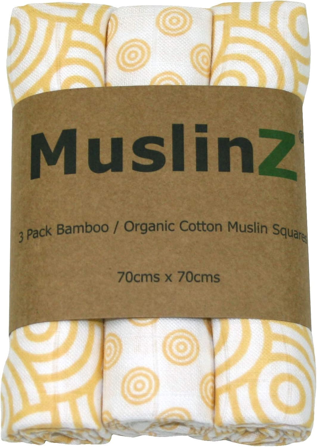 MuslinZ 3PK Bamboo/Organic Cotton Muslin Squares, Burp Cloths 70 x 70cm (Gold Swirl), 70cms