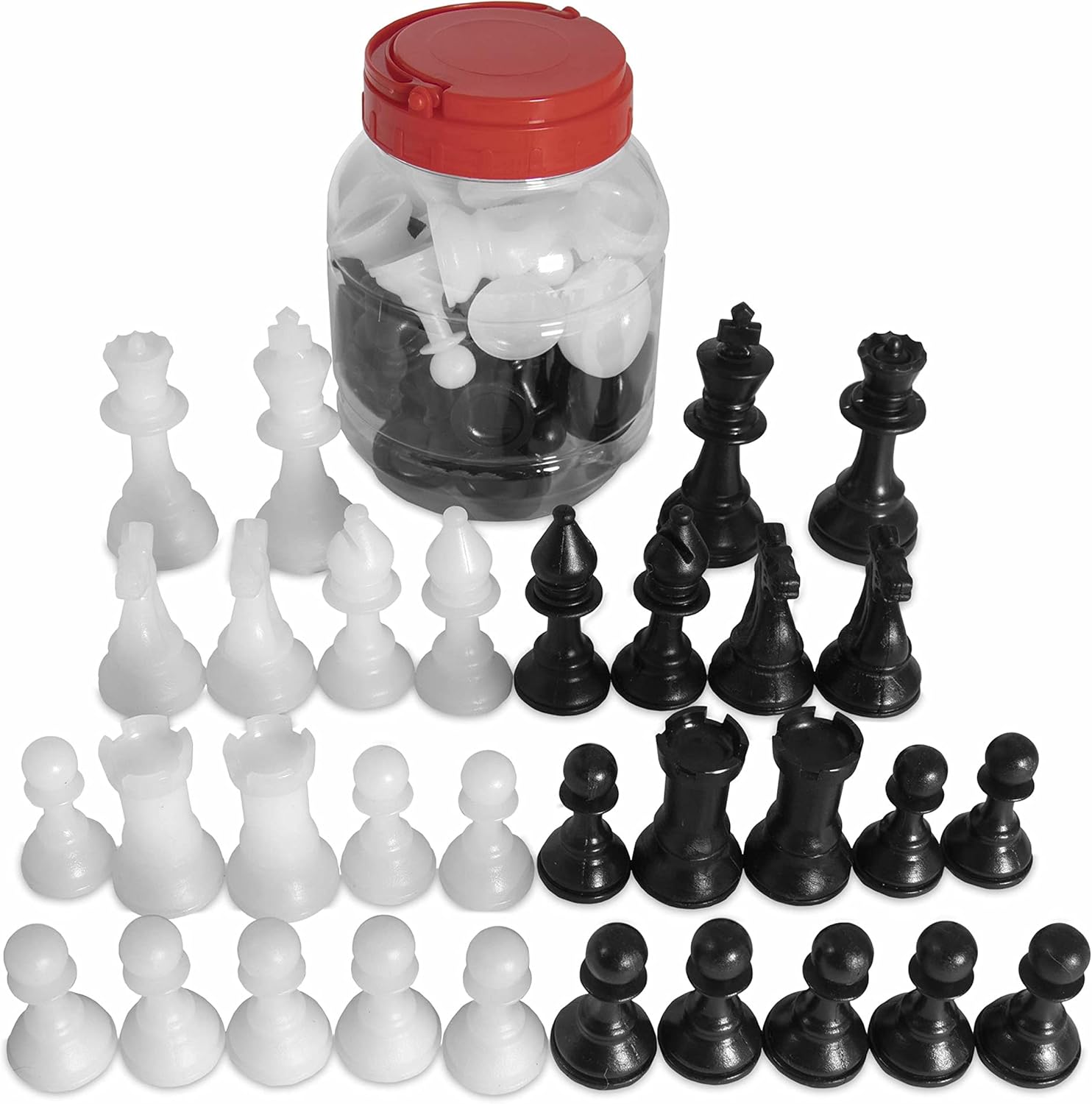 Standard Staunton Chessmen Bucket, 3.5" Tall King | Full Set of 32 Black & White Chess Pieces | Replace Old or Lost Pieces | Solid, Cast Plastic Set in Handy Carry Drum