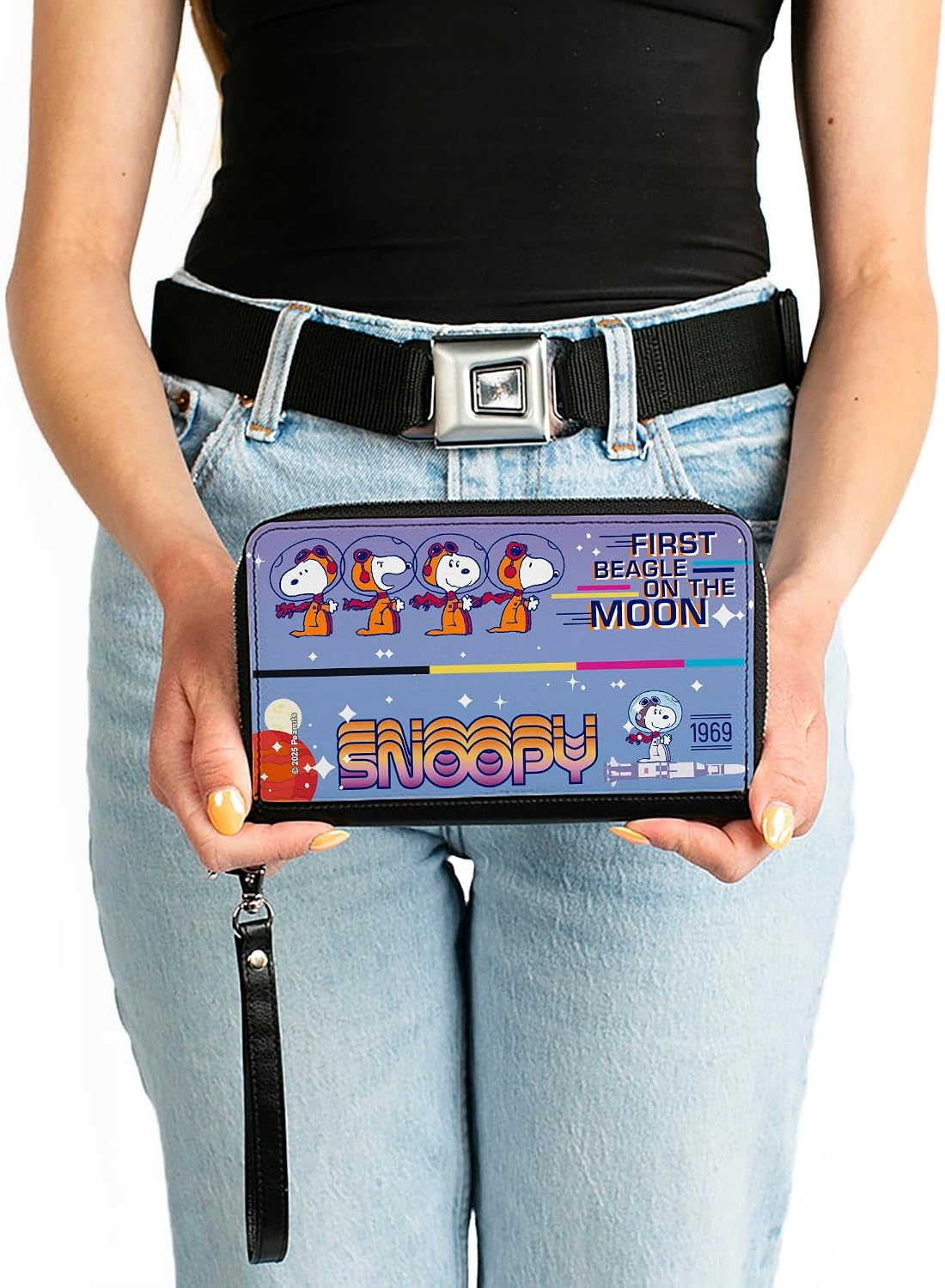 Buckle-Down Peanuts Wallet, Zip Around, Snoopy First Beagle on the Moon Poses Blue Multi Color, Vegan Leather