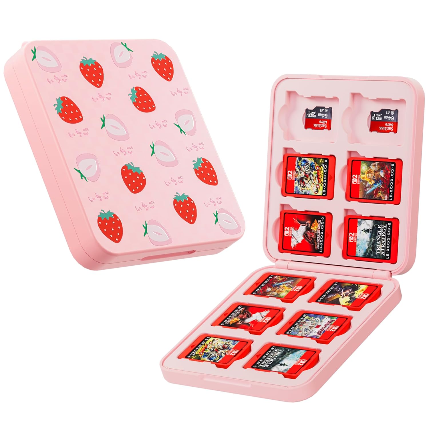 PAWDIARY Pink Switch 2 Game Card Case, Hardshell Compact Switch 2 Game Card Holder for 12 Slots New Switch Game Cards and 12 Slots SD Cards Storage, Cute Strawberry Design Switch 2 Cartridge Case