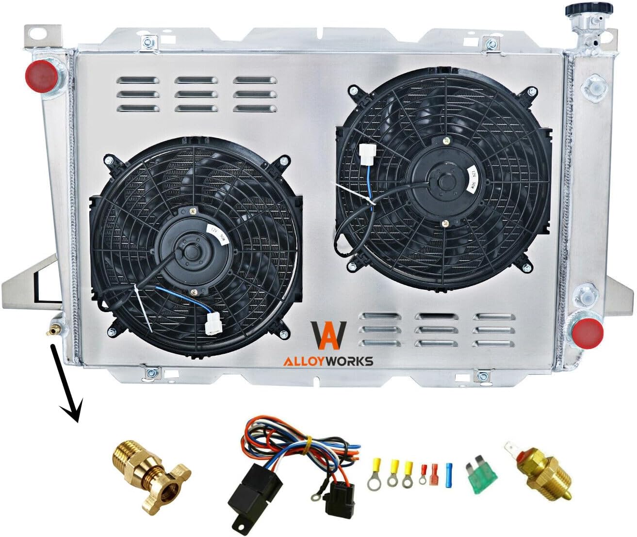 ALLOYWORKS 3-Row All-Aluminum Radiator with Fans Shroud and Relay Kit for 1985–1996 Ford F-150 4.9L