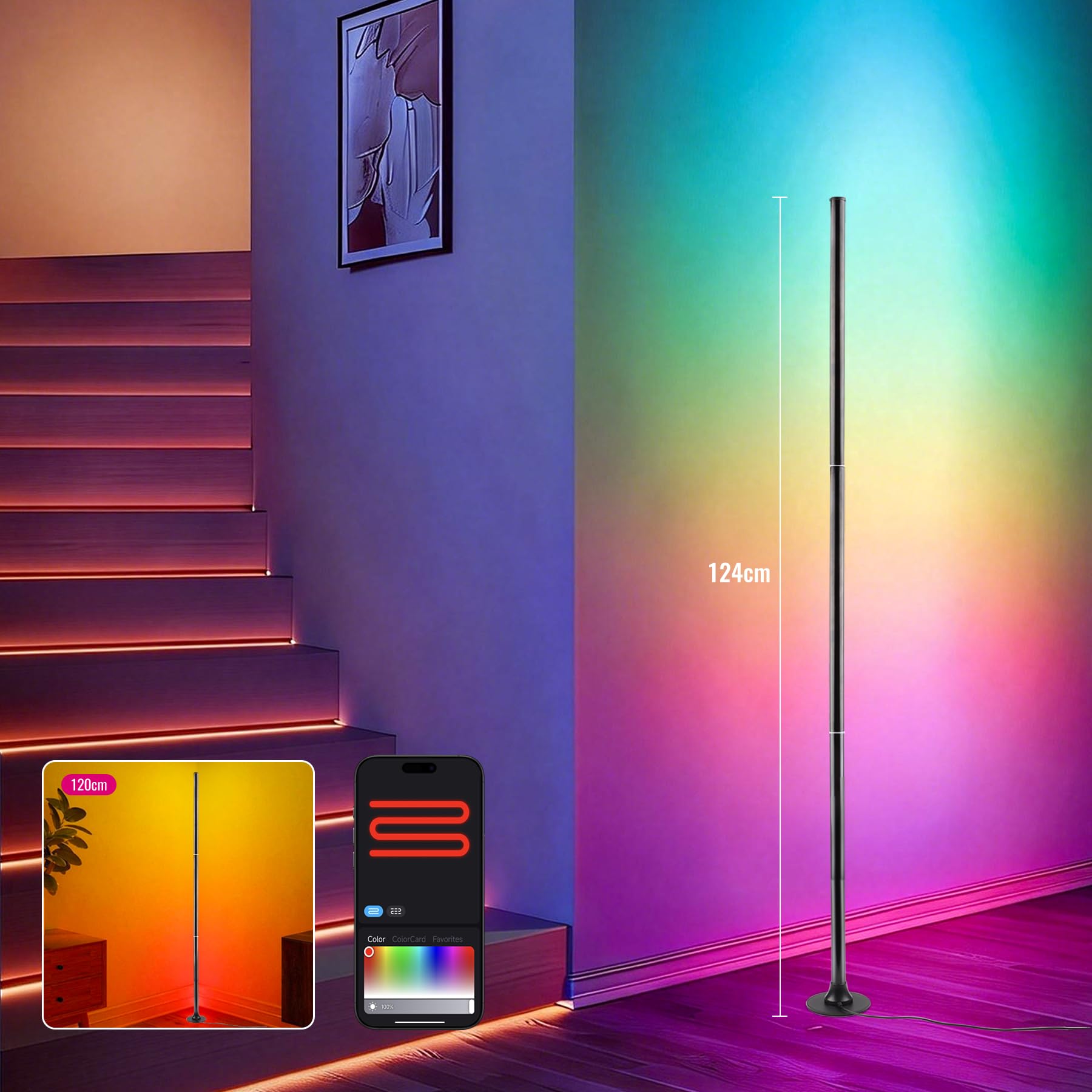 sylvwin - Lámpara de pie LED, lámpara de esquina LED RGB con control por aplicación y mando a distancia, sincronización musical, lámpara de pie RGB con mando a distancia, 16 millones de colores, sala