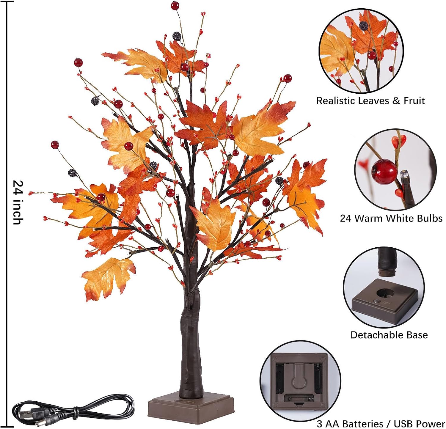 2 FT Artificial Tree with Lights for Fall Decor, 24 LED Autumn Maple Tree for Thanksgiving, Lighted Harvest Home Indoor Outdoor Decorations, Tabletop Lamp Centerpiece with Timer
