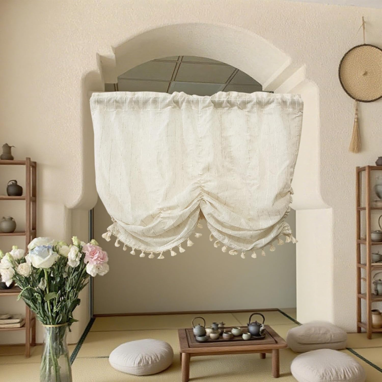 ABREEZE1 Simple Vintage Lace Curtain French Jacquard Draw Curtains with Tassels 1 Panel Semi-Blackout Washable Window Treatment Gauze Curtain 39"x39"