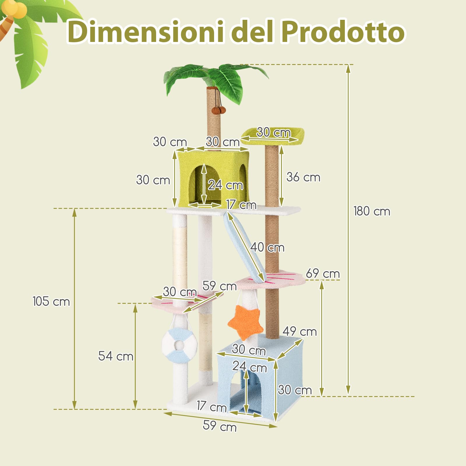 COSTWAY Tiragraffi per Gatto Alto 180 cm Stile Tropicale, Albero Tiragraffi Gatti con Pali con Corda in Juta, Piattaforme, 2 Grotte e Pompon, Torre Gatto Rivestito in Peluche, Blu e Verde