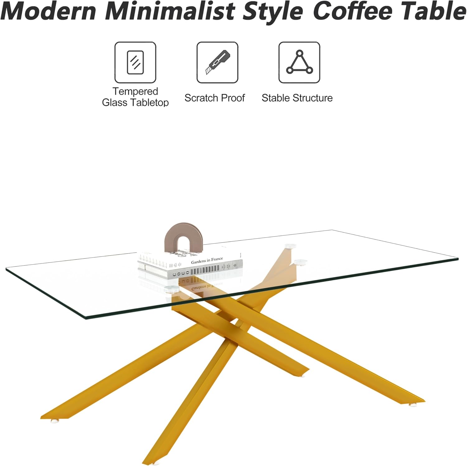 Gold Glass Coffee Table for Living Room, 47" Modern Rectangle Clear Tempered Glass Top & Metal Leg, Sofa Center Cocktail Tables for Home Office, Golden