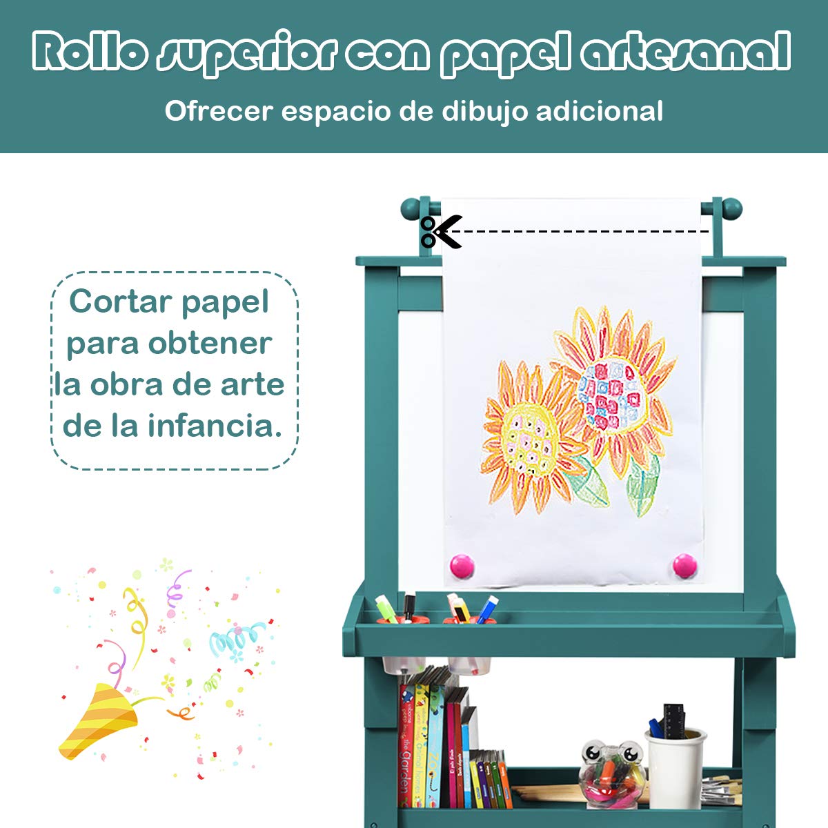 COSTWAY Pizarra de Doble Cara para Niño Caballete de Infantil Tablero de Pie con 2 Cajas de Almacenamiento,Rollo de Papel y Estantes (Azul)