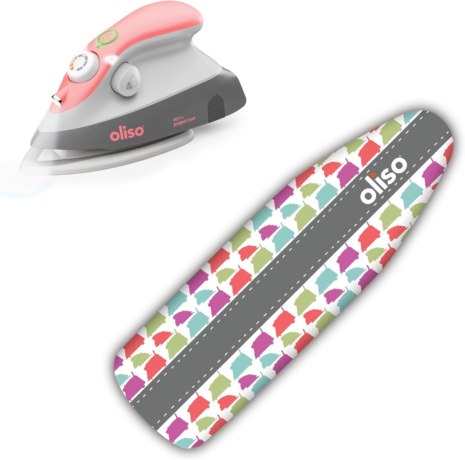 Oliso M3Pro Project Steam Iron with Solemate (Coral) & Oliso Ironing Board Cover (Silhouette)