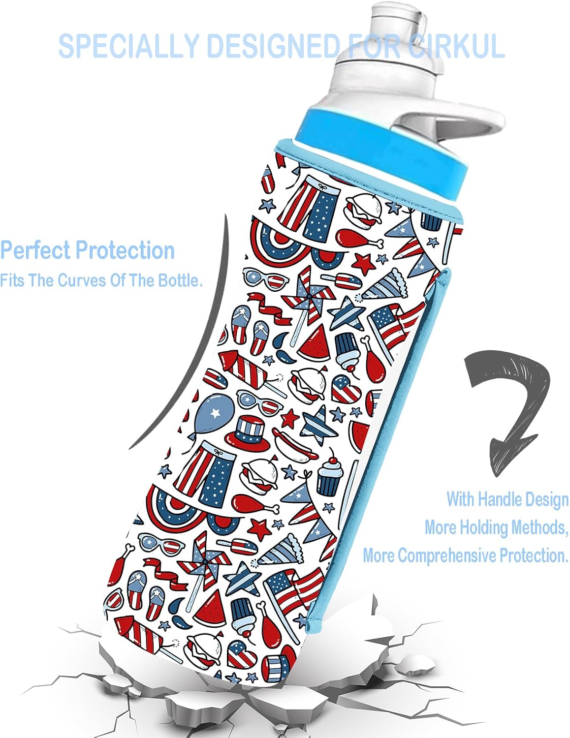 32oz Cute Printed Sleeve Compatible With Cirkul Water Bottle For Plastic And Stainless Steel Bottles 32oz Neoprene Sweat-Wicking Material Insulated Cover Designed With Handles (July 4th) image 4